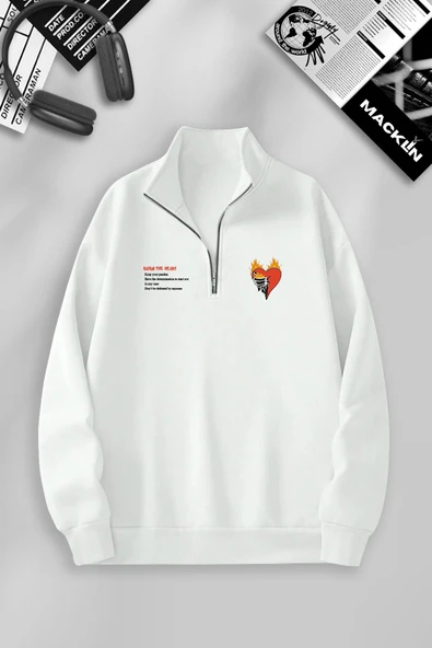macklin Unisex Kadın Erkek Burn To Heart Baskılı Yarım Fermuarlı Dik Yaka Basic Kazak Sweatshirt