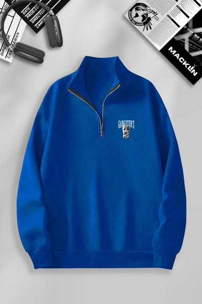 macklin Unisex Kadın Erkek Gangster's Baskılı Yarım Fermuarlı Dik Yaka Basic Kazak Sweatshirt