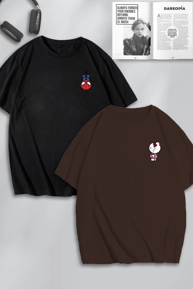 macklin Unisex Kadın Erkek Hello Kitty Spiderman Baskılı Sevgili Çift Kombini Tasarım Oversize Tshirt 2'li