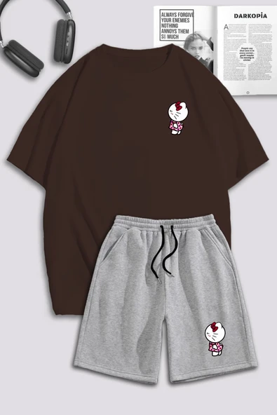 macklin Unisex Kadın Erkek Hello Kitty Baskılı Özel Tasarım Oversize Tshirt Ve Şort Eşofman Takımı