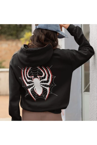 macklin Unisex Kadın Erkek Örümcek Ön Arka Baskılı Özel Tasarım Baskılı Kapşonlu Sweatshirt - 1