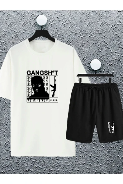 macklin Unisex Kadın Erkek *t Gangsta Baskılı Oversize Tshirt Ve Şort Eşofman Takımı - 1