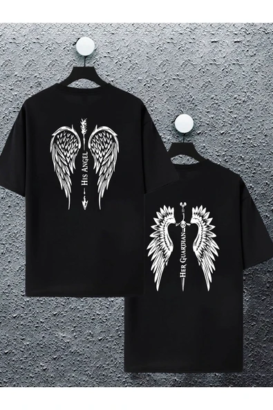 macklin Unisex Kadın Erkek Angel Guardian Sırt Baskılı Sevgili Çift Kombini Tasarım Oversize T-shirt 2'li