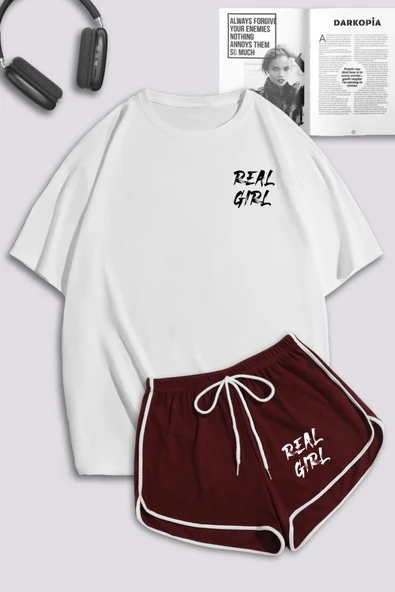 macklin Kadın Real Girl Baskılı Oversize T-shirt Biyeli Yırtmaçlı Detaylı Mini Şort & Biyeli Şortlu Takım