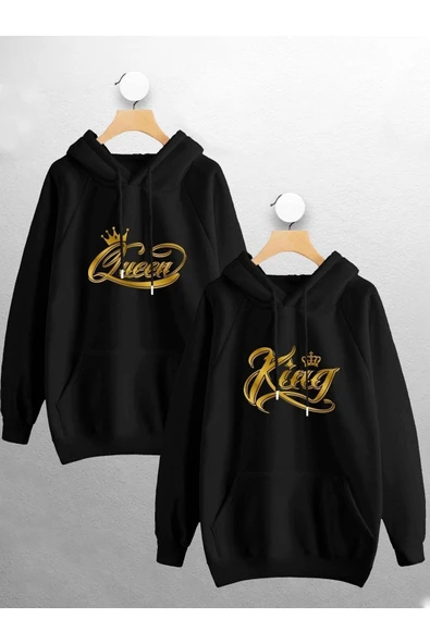 macklin Sevgili Çift Kombini King Queen Baskılı Tasarım Kapüşonlu Sweatshirt 2'li Set Takım