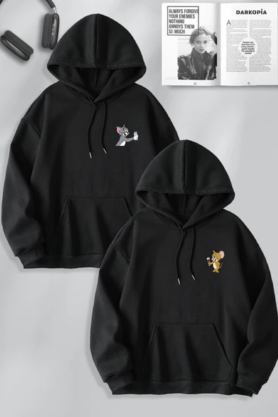 macklin Sevgili Çift Kombin Tom ve Jerry Rakı Şarap Baskılı Özel Tasarım Kapüşonlu Sweatshirt 2li Set Takım - 1
