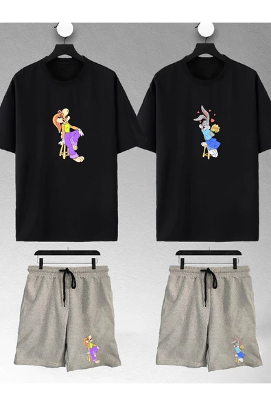 macklin Unisex Kadın Erkek Bugs Bunny Ve Lola Baskılı Sevgili Çift Kombini Tasarım Oversize Tshirt Ve Şort - 1