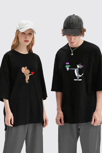 macklin Unisex Kadın Erkek Tom Ve Jerry Baskılı Sevgili Çift Kombini Tasarım Oversize T-shirt 2'li Set