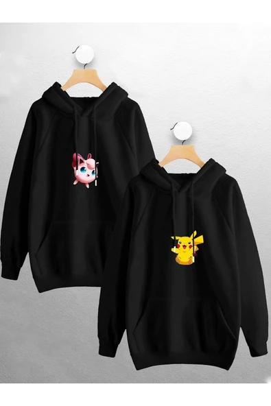 macklin Sevgili Çift Kombini Ash Jigglypuff Baskılı Tasarım Kapüşonlu Sweatshirt 2'li Set Takım