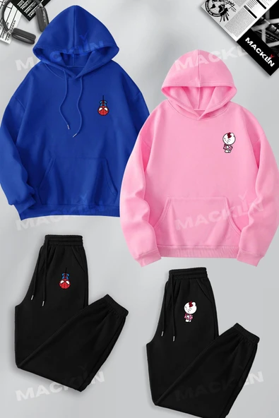 macklin Sevgili Çift Kombin Spiderman ve Hello Kitty Baskılı Kapüşonlu Sweatshirt ve Jogger Eşofman Altı 4lü - 1