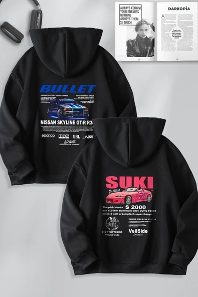 macklin Sevgili Çift Kombin Hızlı ve Öfkeli Bullet Suki Baskılı Özel Tasarım Kapüşonlu Sweatshirt 2li Takım