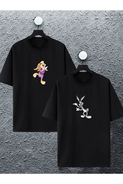 macklin Unisex Kadın Erkek Bugs Bunny Ve Lola Baskılı Sevgili Çift Kombini Tasarım Oversize T-shirt 2'li Set