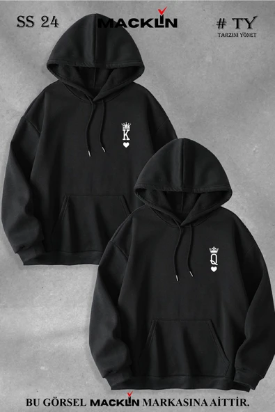 macklin Sevgili Çift Kombin K ve Q Göğüs Baskılı Baskılı Özel Tasarım Kapüşonlu Sweatshirt 2li Set Takım
