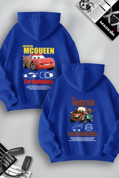 macklin Arkadaş Çift Kombin Şimşek McQueen ve Mater Baskılı Özel Tasarım Kapüşonlu Sweatshirt 2li Set Takım
