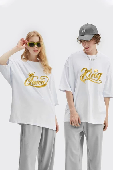 macklin Unisex Kadın Erkek King Queen Baskılı Sevgili Çift Kombini Tasarım Oversize T-shirt 2'li Set