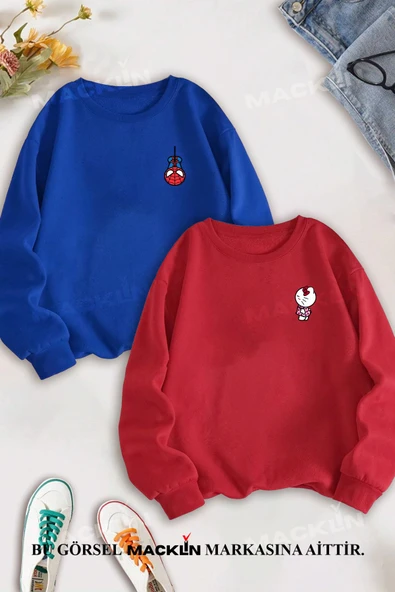 macklin Sevgili Çift Kombin Hello Kitty Spiderman Göğüs Baskılı Bisiklet Yaka Sweatshirt 2li Set Takım