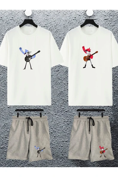 macklin Unisex Kadın Erkek Mordecai Margaret Baskılı Sevgili Çift Kombini Tasarım Oversize Tshirt Şort 4lü