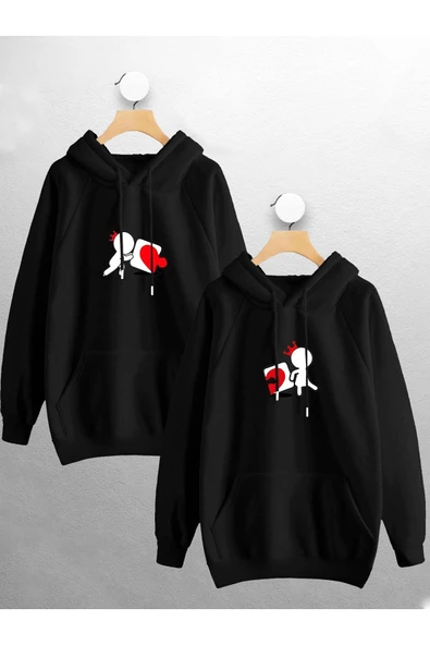 macklin Sevgili Çift Kombini Kalp Yapboz Tasarım Kapüşonlu Sweatshirt 2'li Set