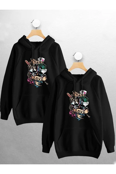 macklin Sevgili Çift Kombini Joker And Harley Quinn Tasarım Kapüşonlu Sweatshirt 2'li Set