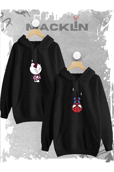 macklin Sevgili Çift Kombini Hello Kitty Spiderman Baskılı Özel Tasarım Kapüşonlu Sweatshirt 2li Set Takım