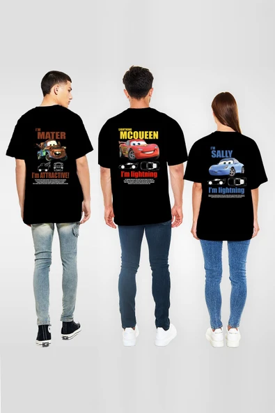 macklin Unisex Şimşek McQueen, Mater ve Sally SIRT Baskılı Arkadaş Çift Kombini Tasarım Oversize Tshirt 3'lü