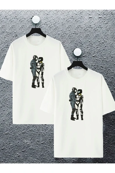 macklin Unisex Kadın Erkek Kalp Motosiklet Tutkunları Sevgili Çift Kombini Tasarım Oversize Tshirt 2'li