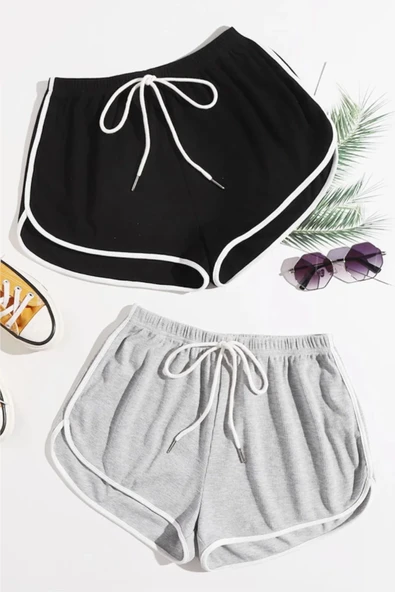 macklin Kadın Siyah ve Gri Renk Biyeli Yırtmaçlı Detayli 2 li Mini Şort