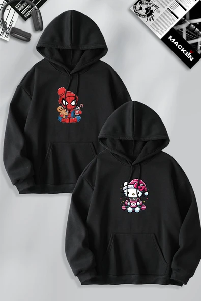 macklin Sevgili Çift Kombini Spiderman ve Hello Kitty Baskılı Yılbaşı Temalı Kapüşonlu Sweatshirt 2li