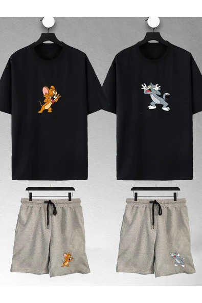 macklin Unisex Kadın Erkek Şaşkın Tom Ve Jerry Baskılı Sevgili Çift Kombini Tasarım Oversize Tshirt Ve Şort - 1