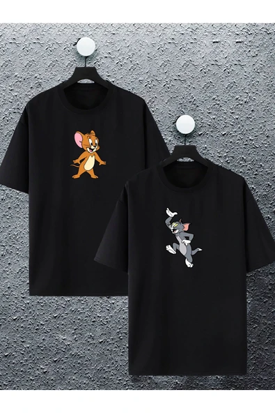 macklin Unisex Kadın Erkek Tom Ve Jerry Baskılı Sevgili Çift Kombini Tasarım Oversize Tshirt 2li Takım