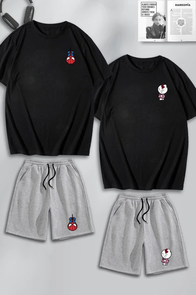 macklin Unisex Kadın Erkek Hello Kitty Spiderman Baskılı Sevgili Çift Kombini Tasarım Oversize Tshirt V Şort