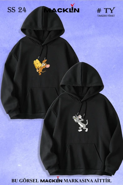 macklin Sevgili Çift Kombin Tom ve Jerry Baskılı Özel Tasarım Kapüşonlu Sweatshirt 2li Set Takım