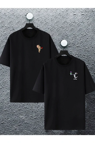 macklin Unisex Kadın Erkek Çiçekli Tom Ve Jerry Baskılı Sevgili Çift Kombini Tasarım Oversize Tshirt 2'li