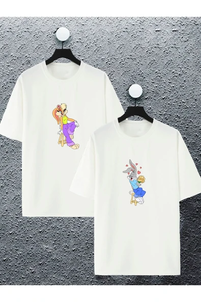 macklin Unisex Kadın Erkek Bugs Bunny Ve Lola Baskılı Sevgili Çift Kombini Tasarım Oversize T-shirt 2'li St