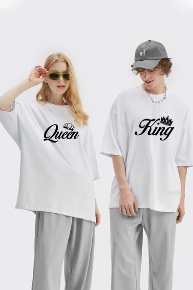 macklin Unisex Kadın Erkek King Queen Baskılı Sevgili Çift Kombini Tasarım Oversize T-shirt 2'li Set