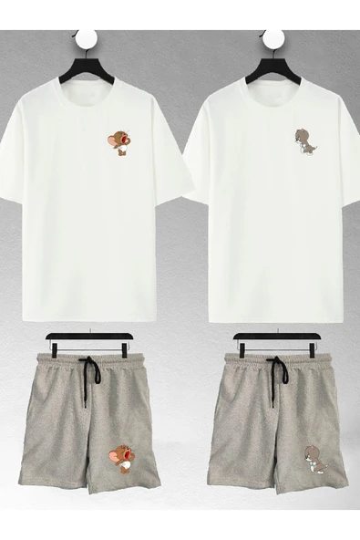 macklin Unisex Kadın Erkek Baby Tom Ve Jerry Baskılı Sevgili Çift Kombini Tasarım Oversize Tshirt Ve Şort - 1