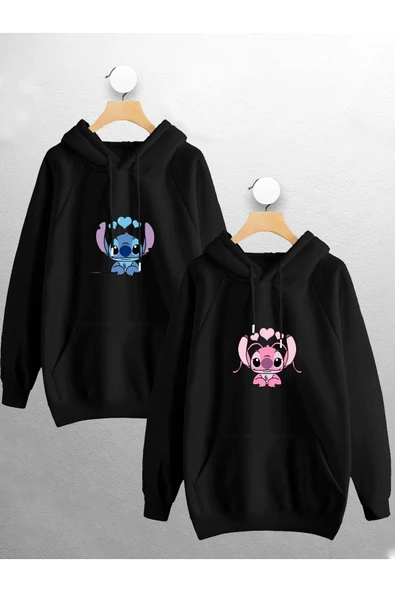 macklin Sevgili Çift Kombini Stitch Ve Angel Stitch Tasarım Kapüşonlu Sweatshirt 2'li Set