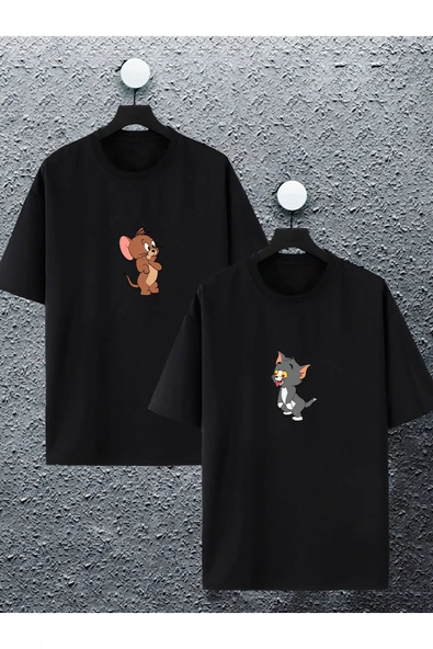 macklin Unisex Kadın Erkek Aşık Tom Ve Jerry Baskılı Sevgili Çift Kombini Tasarım Oversize T-shirt 2'li