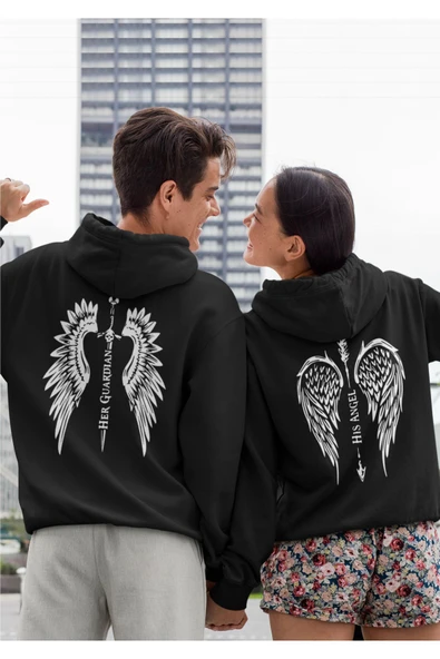 macklin Sevgili Çift Kombini Angel and Guardian Baskılı Özel Tasarım Kapüşonlu Sweatshirt 2li Set Takım - 2