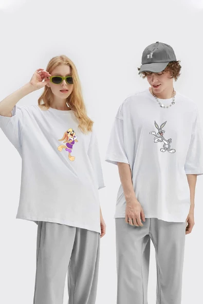 macklin Unisex Kadın Erkek Bugs Bunny Ve Lola Baskılı Sevgili Çift Kombini Tasarım Oversize T-shirt 2'li Set