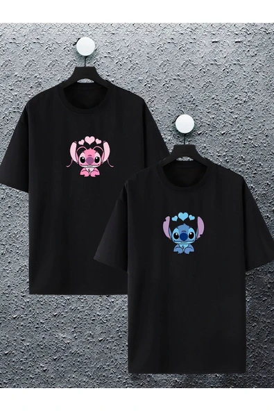 macklin Unisex Kadın Erkek Lilo & Angel Baskılı Sevgili Çift Kombini Tasarım Oversize Tshirt 2'li
