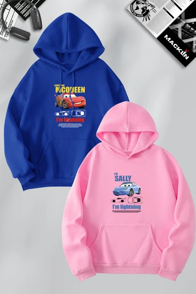 macklin Sevgili Çift Kombin McQueen ve Sally ÖN Baskılı Özel Tasarım Kapüşonlu Sweatshirt 2li Set Takım
