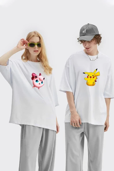 macklin Unisex Kadın Erkek Pikachu Jigglypuff Baskılı Sevgili Çift Kombini Tasarım Oversize T-shirt 2'li Set