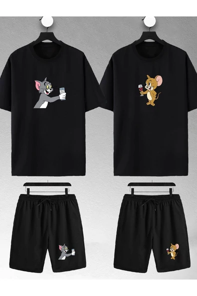 macklin Unisex Kadın Erkek Tom Ve Jerry Rakı Baskılı Sevgili Çift Kombini Tasarım Oversize Tshirt Ve Şort - 1