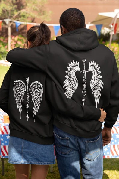 macklin Sevgili Çift Kombini Angel and Guardian Baskılı Özel Tasarım Kapüşonlu Sweatshirt 2li Set Takım