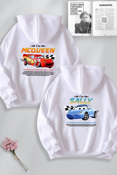 macklin Sevgili Çift Kombin Şimşek McQueen ve Sally Yarış SIRT Baskılı Kapüşonlu Sweatshirt 2li Takım - 1