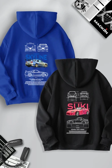 macklin Sevgili Çift Kombin SKYLINE ve SUKI SIRT Baskılı Özel Tasarım Kapüşonlu Sweatshirt 2li Set Takım
