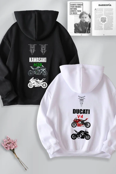macklin Sevgili Çift Kombin Kawasaki ve Ducati Motor SIRT Baskılı Kapüşonlu Sweatshirt 2li Takım