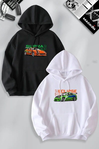 macklin Arkadaş Çift Kombin Hızlı ve Öfkeli Eclipse & Supra  Baskılı Kapüşonlu Sweatshirt 2li Set Takım