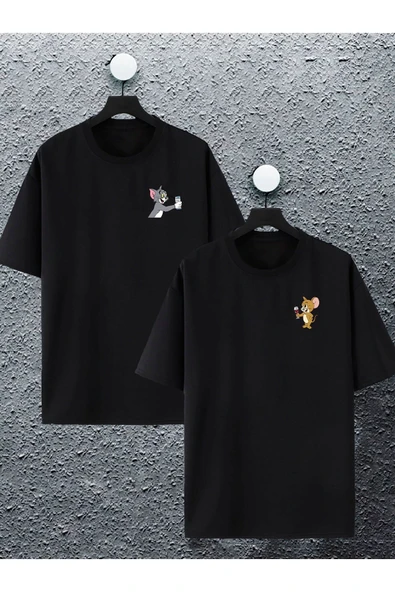 macklin Unisex Kadın Erkek Tom Ve Jerry Rakı Baskılı Sevgili Çift Kombini Tasarım Oversize T-shirt 2'li Set